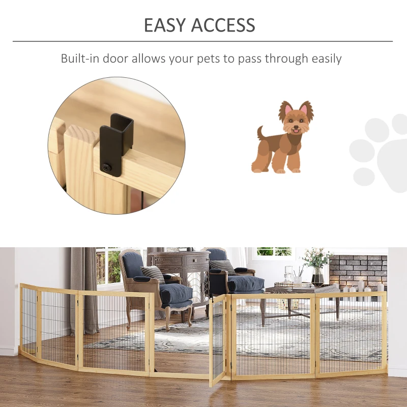 PawHut Wooden Pet Gate, 6-Panel Folding Dog Safety Barrier with Support Feet for Small & Medium Dogs, Natural Wood
