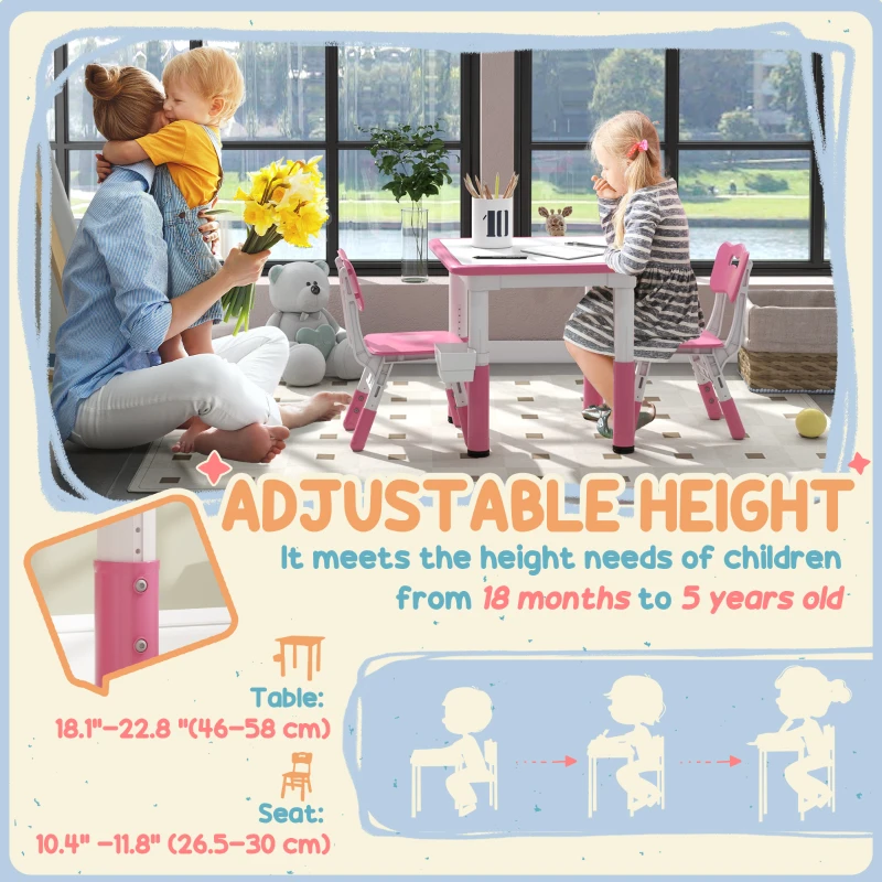 Qaba 3 Pieces Toddler Table and Chair Set, Height Adjustable Kids Table and Chair Set w/ Storage, for Playroom Pink