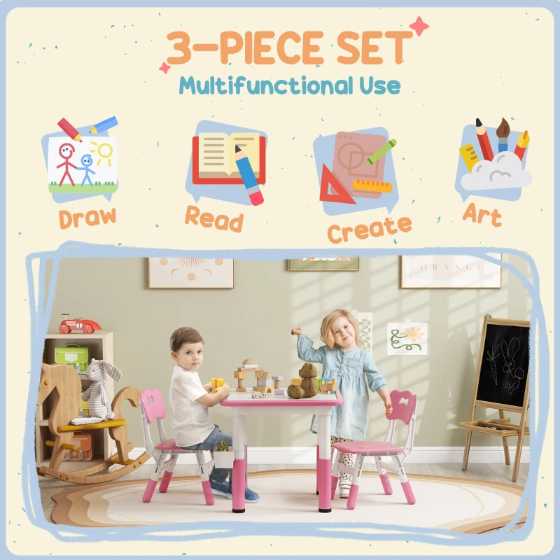 Qaba 3 Pieces Toddler Table and Chair Set, Height Adjustable Kids Table and Chair Set w/ Storage, for Playroom Pink
