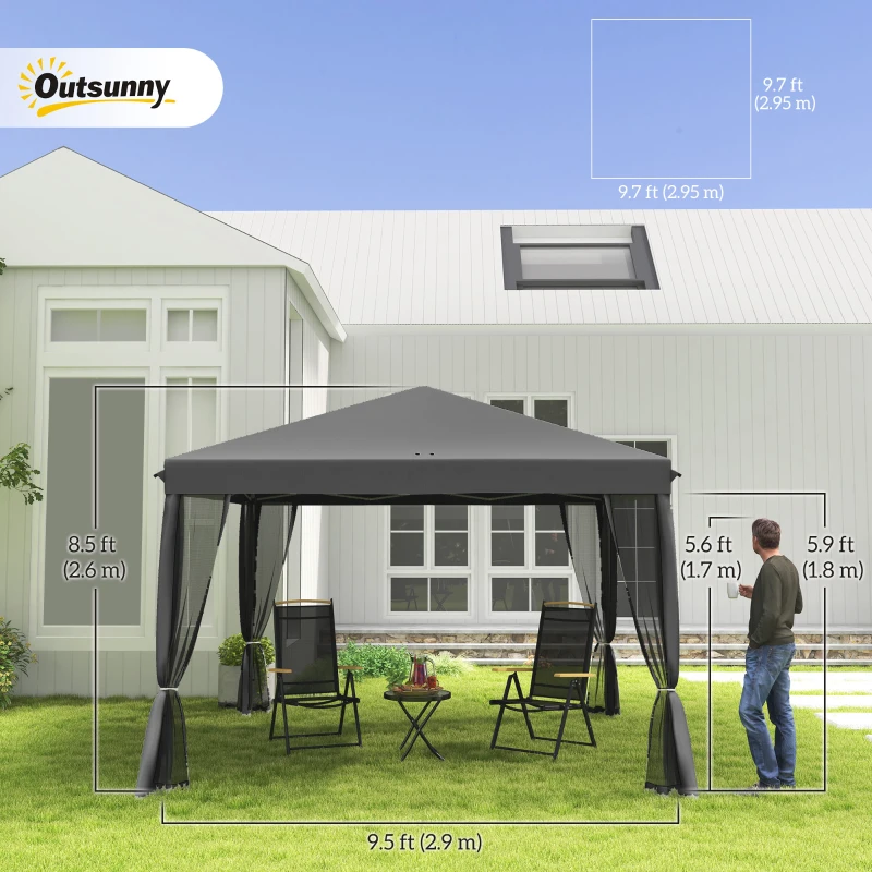 Outsunny 10' x 10' Pop Up Canopy Tent Gazebo with Removable Mesh Sidewall Netting, Carry Bag for Backyard Patio Outdoor, Light Grey