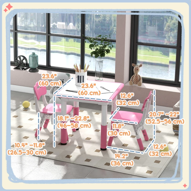Qaba 3 Pieces Toddler Table and Chair Set, Height Adjustable Kids Table and Chair Set w/ Storage, for Playroom Pink