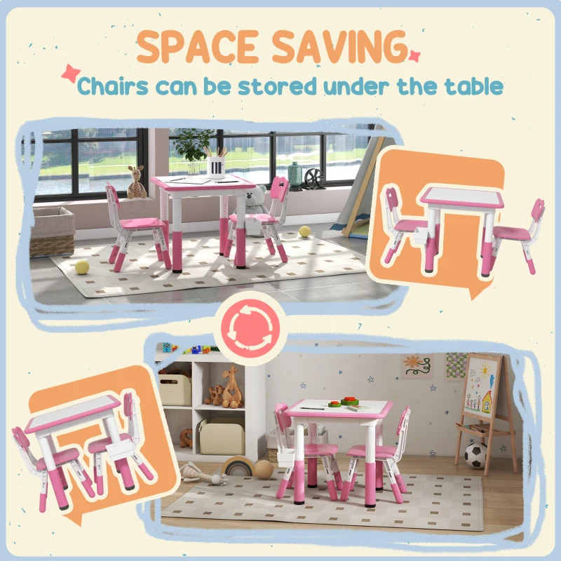 Qaba 3 Pieces Toddler Table and Chair Set, Height Adjustable Kids Table and Chair Set w/ Storage, for Playroom Pink