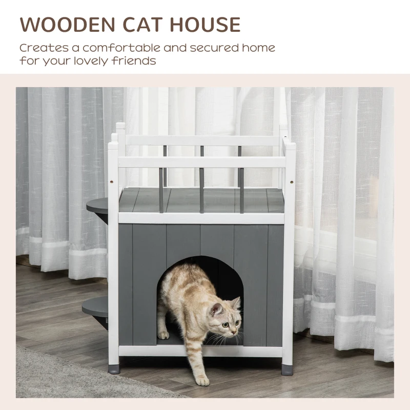 PawHut 2-Story Cat House Wooden Condo, Kitten Shelter with Balcony, Jump Steps, Multiple Entrances, for Feral Cats - Grey