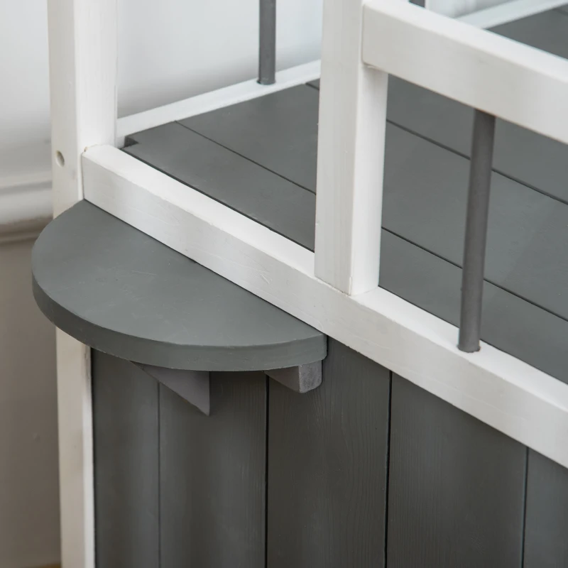 PawHut 2-Story Cat House Wooden Condo, Kitten Shelter with Balcony, Jump Steps, Multiple Entrances, for Feral Cats - Grey