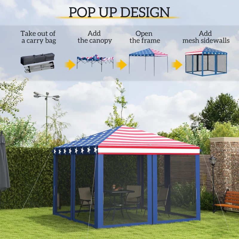 Outsunny 10' x 10' Pop Up Canopy Tent with Netting, Instant Gazebo, Screen House Room with Carry Bag, Height Adjustable, for Outdoor, Garden, Patio, Camping, American Flag