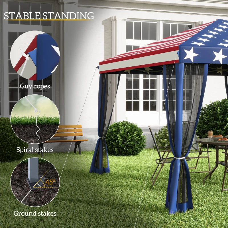 Outsunny 10' x 10' Pop Up Canopy Tent with Netting, Instant Gazebo, Screen House Room with Carry Bag, Height Adjustable, for Outdoor, Garden, Patio, Camping, American Flag