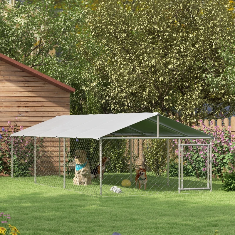 PawHut 19.7' x 7.5' x 4.9' Outdoor Dog Kennel for Large-Sized Dogs with Waterproof UV Resistant Roof, Silver(m-10)