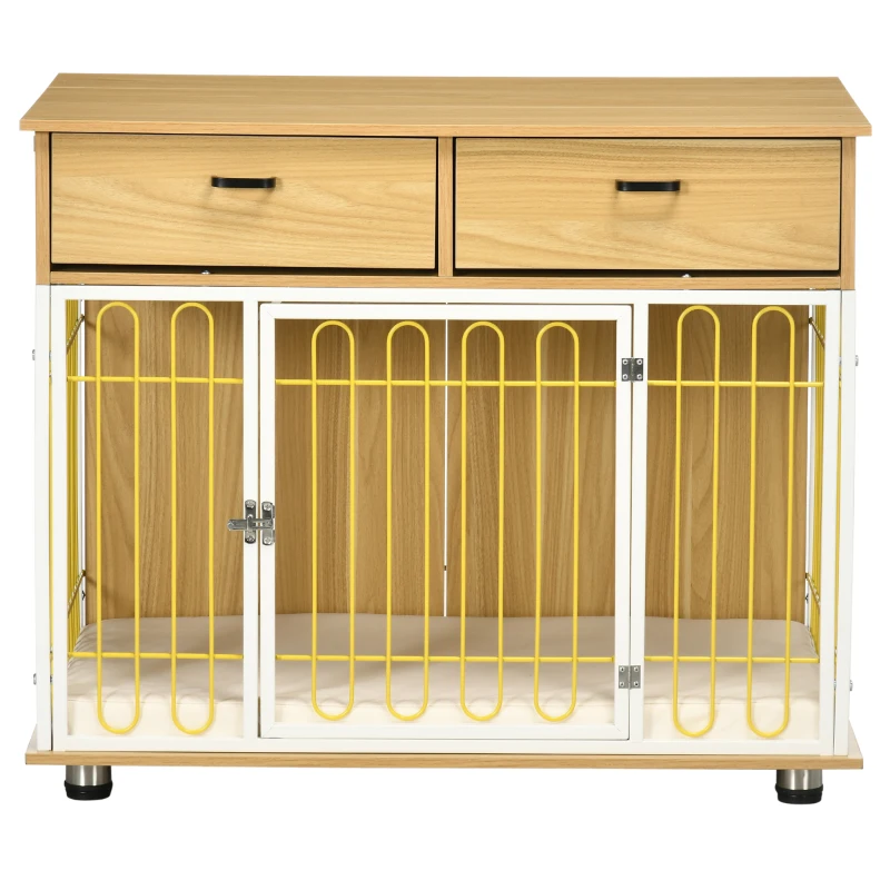 PawHut Dog Crate with Drawers, Soft Cushion, Lockable Door, for Small and Medium Dogs, Oak