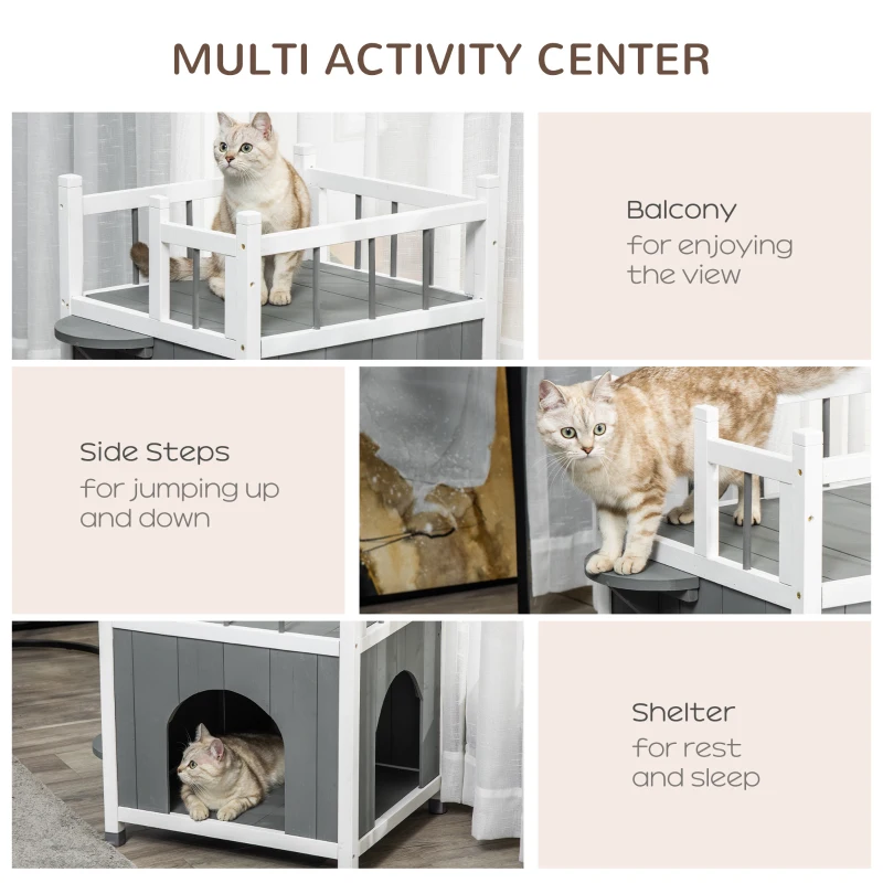 PawHut 2-Story Cat House Wooden Condo, Kitten Shelter with Balcony, Jump Steps, Multiple Entrances, for Feral Cats - Grey