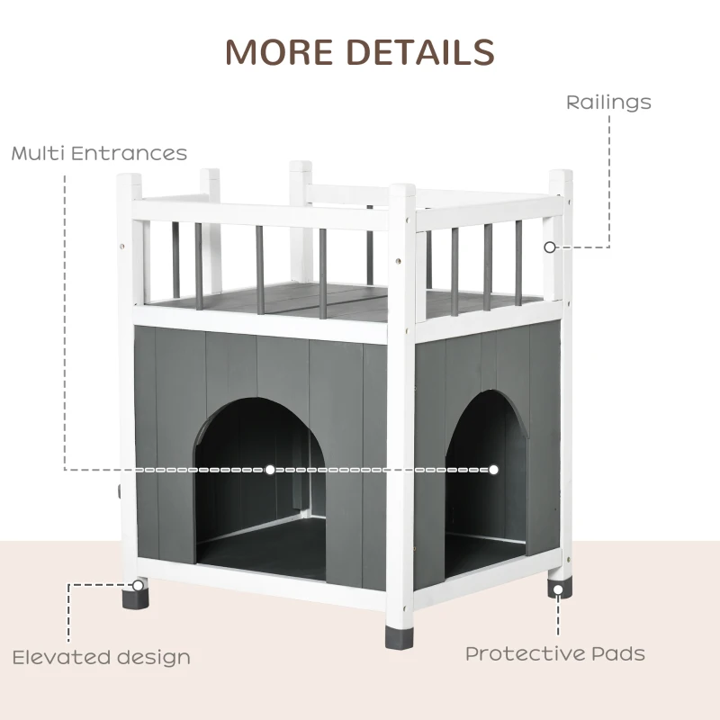 PawHut 2-Story Cat House Wooden Condo, Kitten Shelter with Balcony, Jump Steps, Multiple Entrances, for Feral Cats - Grey