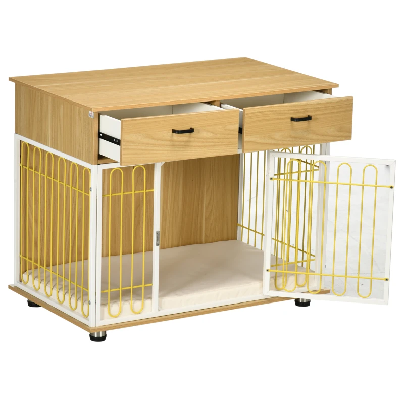 PawHut Dog Crate with Drawers, Soft Cushion, Lockable Door, for Small and Medium Dogs, Oak