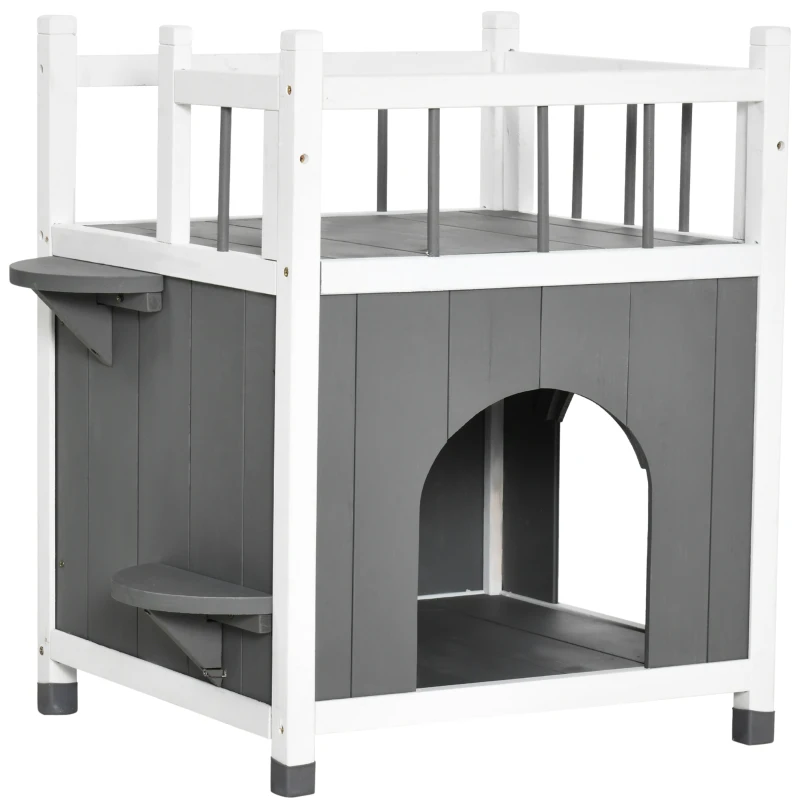 PawHut 2-Story Cat House Wooden Condo, Kitten Shelter with Balcony, Jump Steps, Multiple Entrances, for Feral Cats - Grey