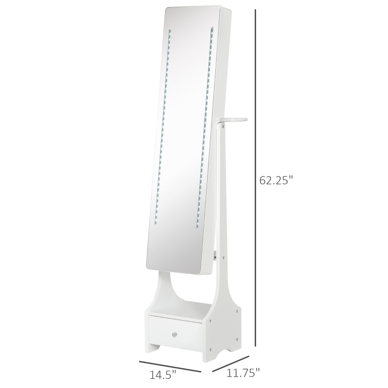 HOMCOM Mirrored Jewellery Cabinet with LED Lights, Jewellery Armoire Storage Organizer with Stand, Angle Adjustable, White