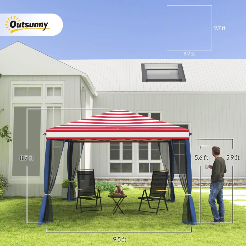 Outsunny 10' x 10' Pop Up Canopy Tent with Netting, Instant Gazebo, Screen House Room with Carry Bag, Height Adjustable, for Outdoor, Garden, Patio, Camping, American Flag