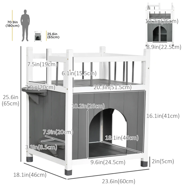 PawHut 2-Story Cat House Wooden Condo, Kitten Shelter with Balcony, Jump Steps, Multiple Entrances, for Feral Cats - Grey