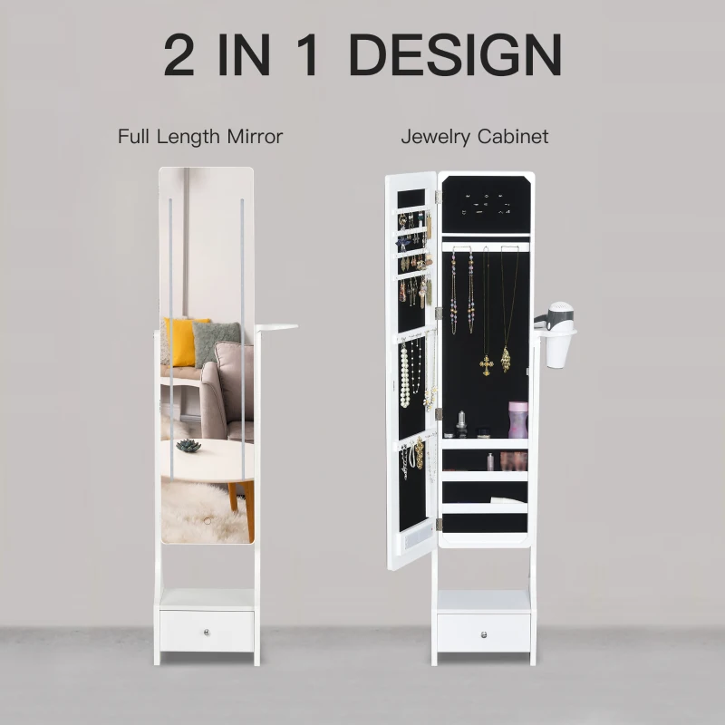HOMCOM Mirrored Jewellery Cabinet with LED Lights, Jewellery Armoire Storage Organizer with Stand, Angle Adjustable, White