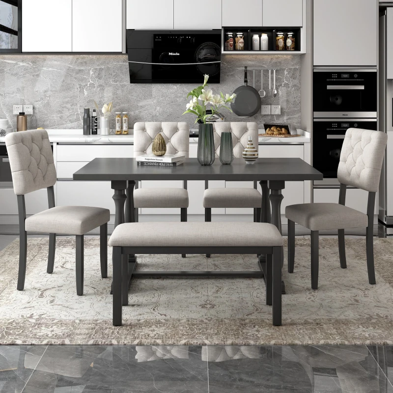 6-Piece Dining Table and Chair Set with Special-Shaped Legs, Foam-Covered Seat Backs & Cushions, Retro Pine Veneer, Gray