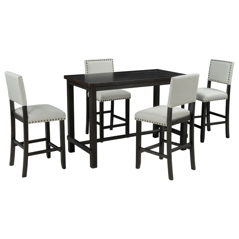5-Piece Counter Height Dining Set, Wooden Table and 4 Cushioned Chairs with Nail Head Trim, Ergonomic Design, 52"L x 27"W x 36.3"H, Espresso