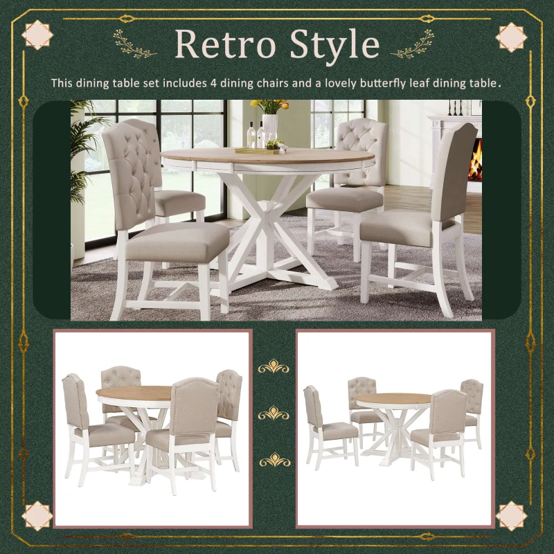 Retro Style Dining Table Set with Extendable Table and 4 Upholstered Chairs, Solid Wood Legs, 42"-54"L x 42"W x 30"H Oval Table, Oak Natural Wood + OFF White
