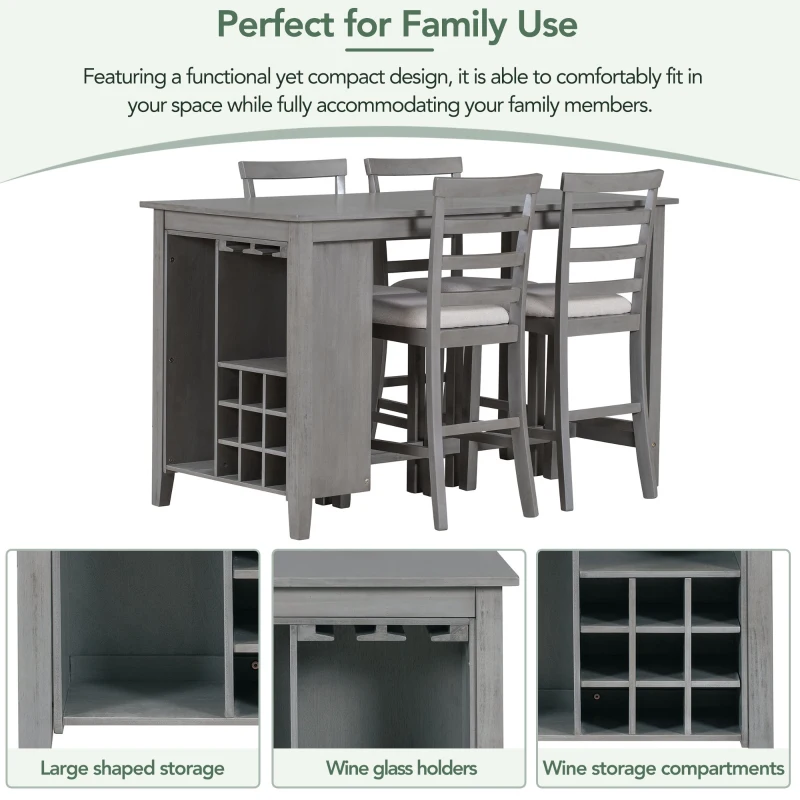 5-Piece Rubber Wood Counter Height Kitchen Table Set with Padded Chairs, Multi-Functional Table, Wine Compartment, and Wineglass Holders, Gray