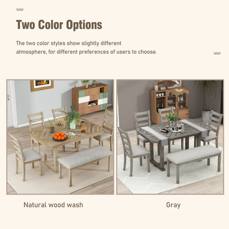 6-Piece Rubber Wood Dining Table Set with Beautiful Wood Grain Pattern, Solid Wood Veneer, Soft Cushions, and H-Shaped Support Legs, 60"L x 36"W x 30.3"H, Gray