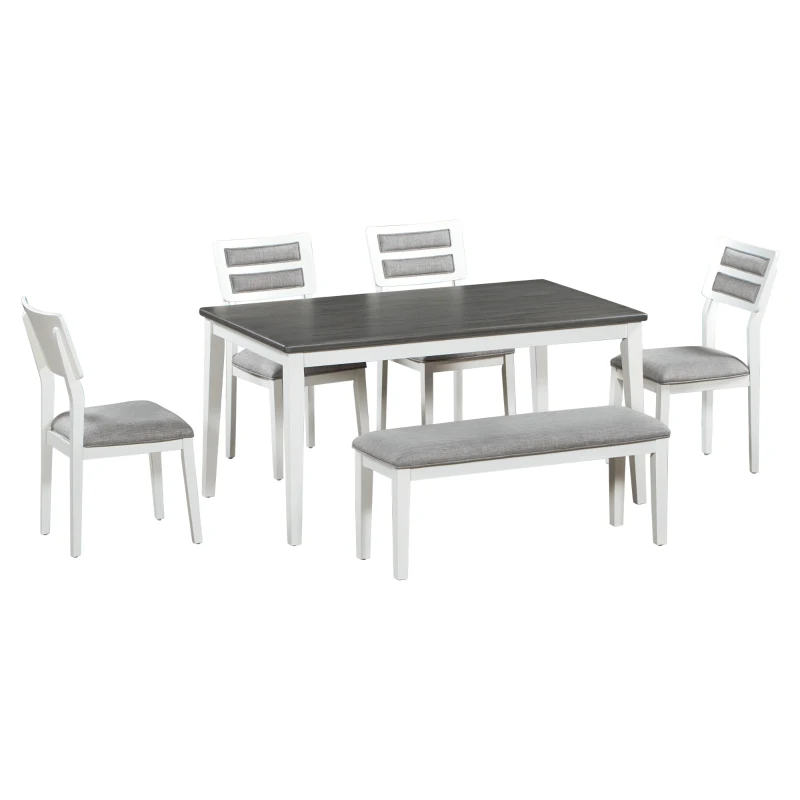 6-Piece Dining Set, Includes Dining Table, 4 Upholstered Chairs & Bench, Rubber Wood Legs, MDF Tabletop, 60''L x 36''W x 30''H, White+gray