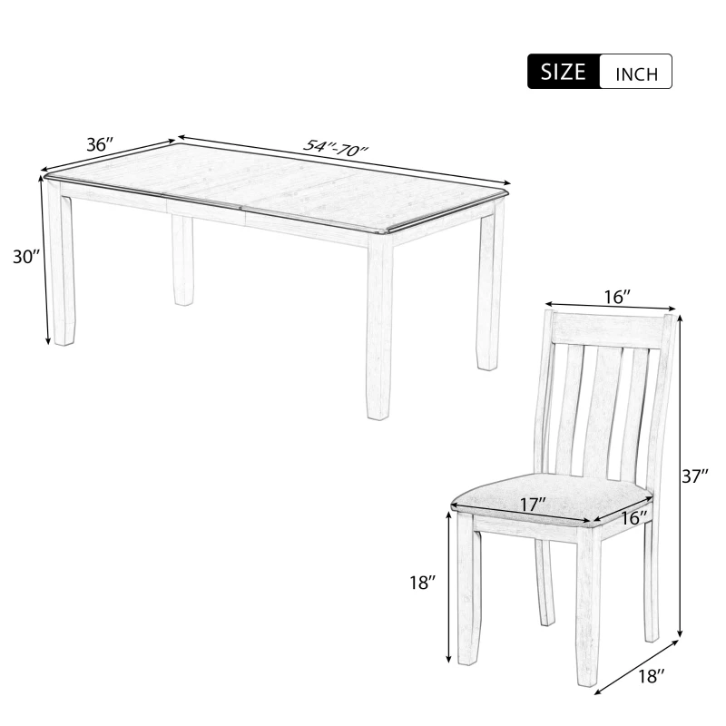 Retro Style 7-Piece Dining Table Set with Extendable Table, 6 Upholstered Chairs, Solid Wood Legs, and Distressed Finish, 54"-70"L x 36"W x 30"H, Antique brown