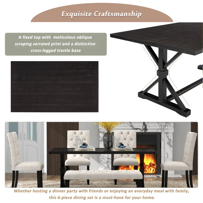 6-Piece Farmhouse Dining Table Set, 72''L x 42''W x 30''H Wood Rectangular Table with 4 Upholstered Chairs and Bench, Ergonomic Design, Espresso