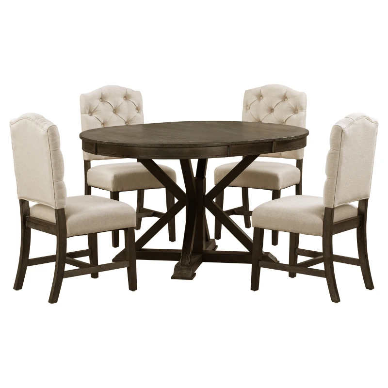 Retro Style Dining Table Set with Extendable Table and 4 Upholstered Chairs, Solid Wood Legs, 42"-54"L x 42"W x 30"H Length, Espresso