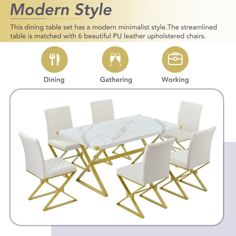 Vinsetto 7-Piece Pedestal Modern Dining Table Set, Rectangular Marble Texture Kitchen Table with 6 PU Leather Chairs and X-Shaped Gold Steel Pipe Legs, 60"L x 36"W x 30"H, White