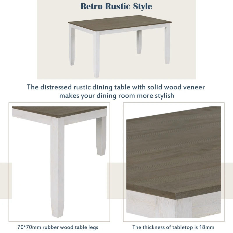 Rustic Style 6-Piece Dining Room Table Set with 4 Upholstered Chairs & Bench, Solid Wood Veneer, Rubber Wood Legs, 60"L x 36"W x 30"H, Brown+Whitewash