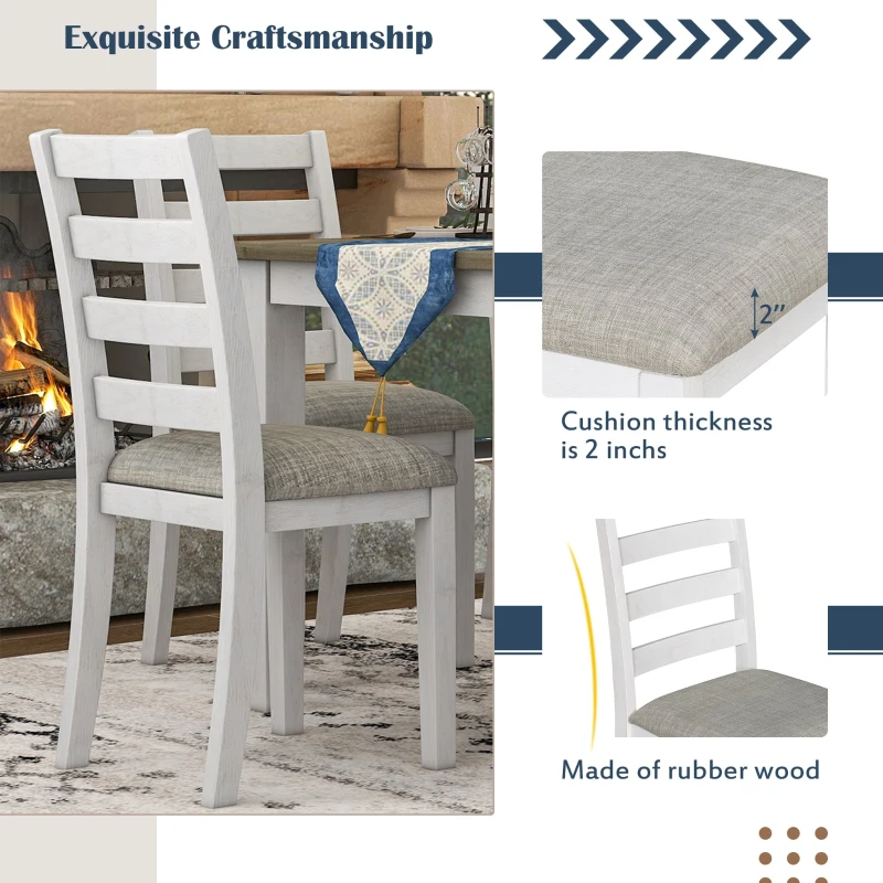 Rustic Style 6-Piece Dining Room Table Set with 4 Upholstered Chairs & Bench, Solid Wood Veneer, Rubber Wood Legs, 60"L x 36"W x 30"H, Brown+Whitewash