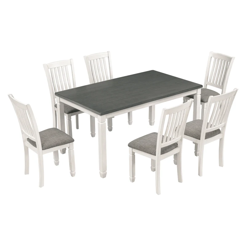 Vinsetto 7-Piece Dining Table Set with Upholstered Chairs, Ergonomic Design, Rubber Wood and MDF Construction, 60"L x 36"W x 30.5"H, White+gray