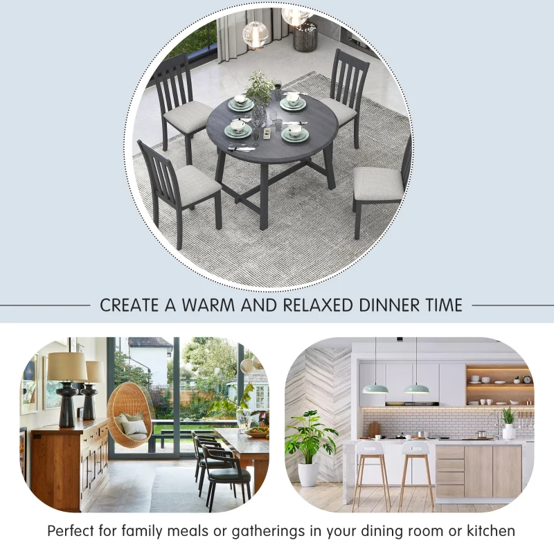 5-Piece Wood Dining Table Set, Round Extendable Table with 4 Chairs, Adjustable Length 41.4"-56.6", Modern Farmhouse Style, Gray