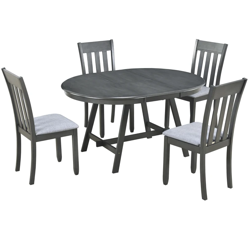 5-Piece Wood Dining Table Set, Round Extendable Table with 4 Chairs, Adjustable Length 41.4"-56.6", Modern Farmhouse Style, Gray