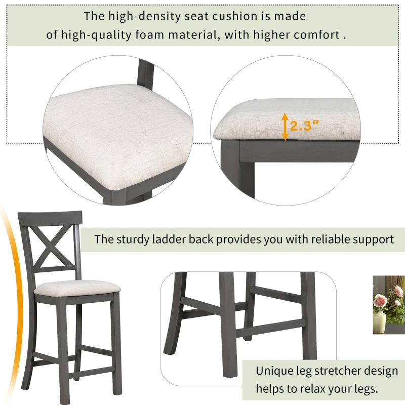 6-Piece Counter Height Dining Table Set with Shelf, 4 Chairs and Bench, High-Density Foam Cushions, MDF and Melaleucar Wood, 60''L x 29.5''W x 36''H, Gray