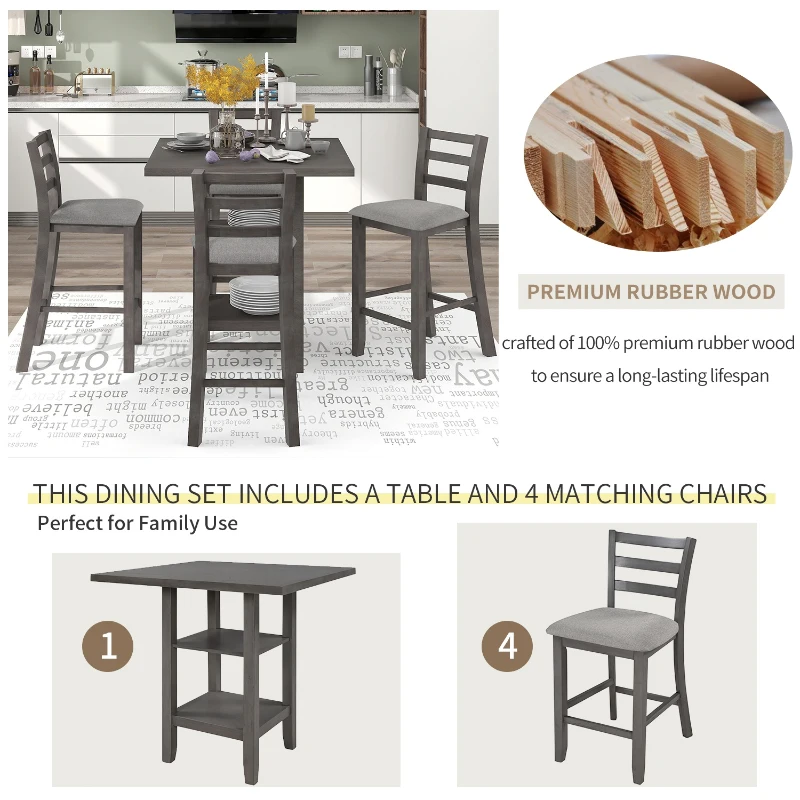 5-Piece Wooden Counter Height Dining Set with Padded Chairs and Storage Shelving, 35.4''L x 35.4''W x 36.2''H Table, 17.5''L x 19.7''W x 39.2''H Chairs, Gray
