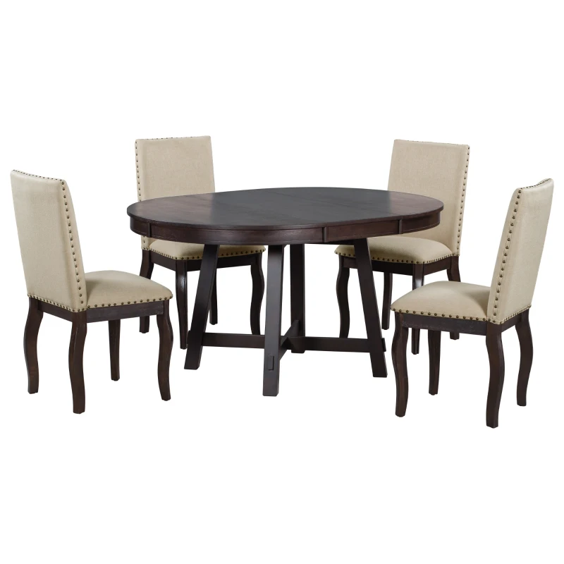 5-Piece Farmhouse Dining Table Set, Wood Round Extendable Table with 4 Upholstered Chairs, Adjustable Length, Solid Structure, 42-58"L x 42"W x 30"H, Espresso