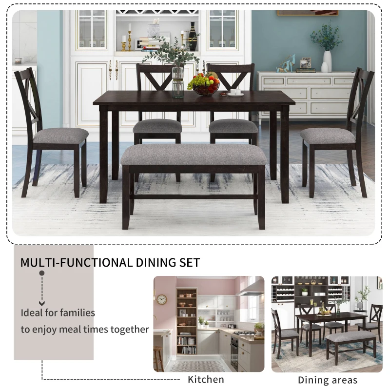 6-Piece Kitchen Dining Table Set, Wooden Rectangular Table with 4 Fabric Chairs and Bench, Durable Solid Wood Frame, 60''L x 36''W x 30''H, Espresso