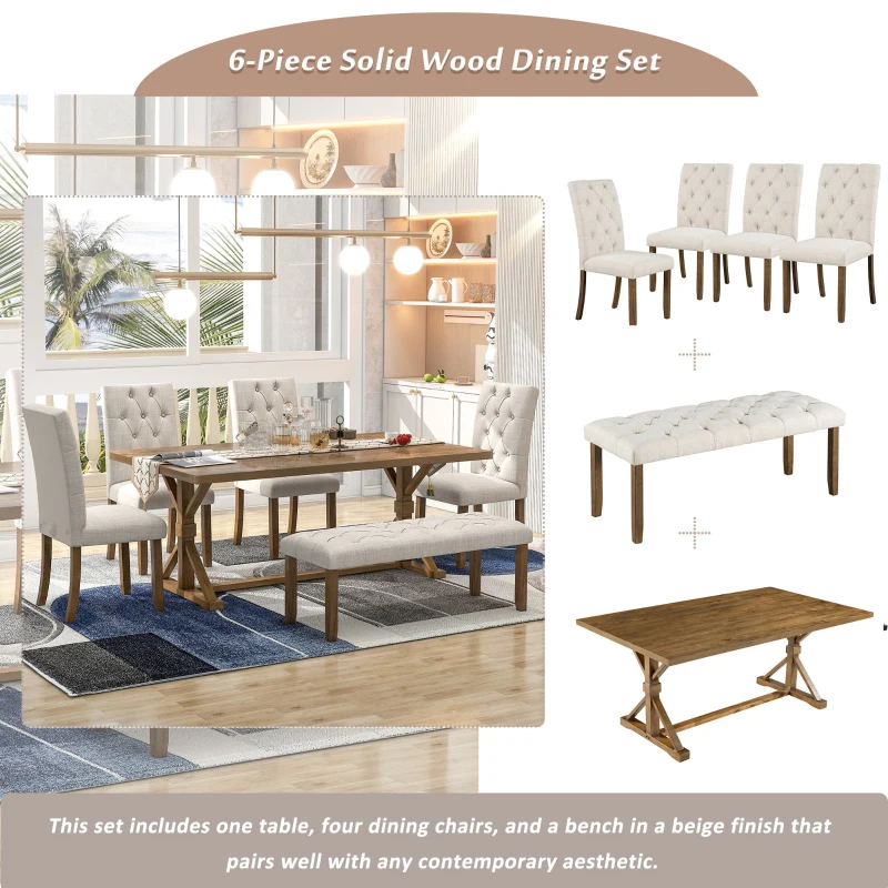 6-Piece Farmhouse Dining Table Set, 72''L x 42''W x 30''H Wood Rectangular Table, 4 Upholstered Chairs with Bench, Ergonomic Design, Solid Wood Construction, Walnut