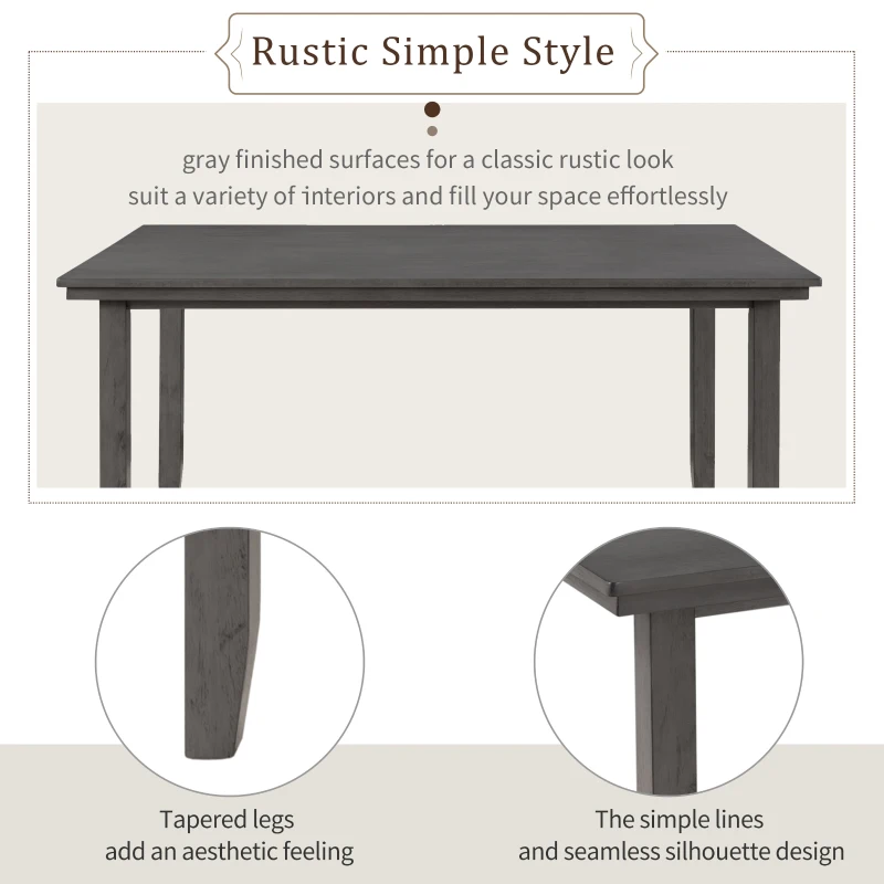 Dining Room Table and Chairs with Bench, Rustic Wood Dining Set, 6-Piece, Distressed Finish, Upholstered Seats, Solid Wood Legs, 60"L x 36"W x 30.3"H Table, Gray