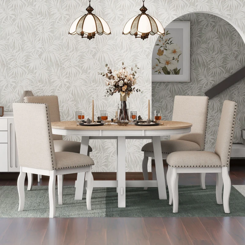 5-Piece Farmhouse Dining Table Set, Extendable Round Table with X-Shaped Base and 4 Upholstered Chairs, Adjustable Length 42-58", Oak Natural Wood + Antique White