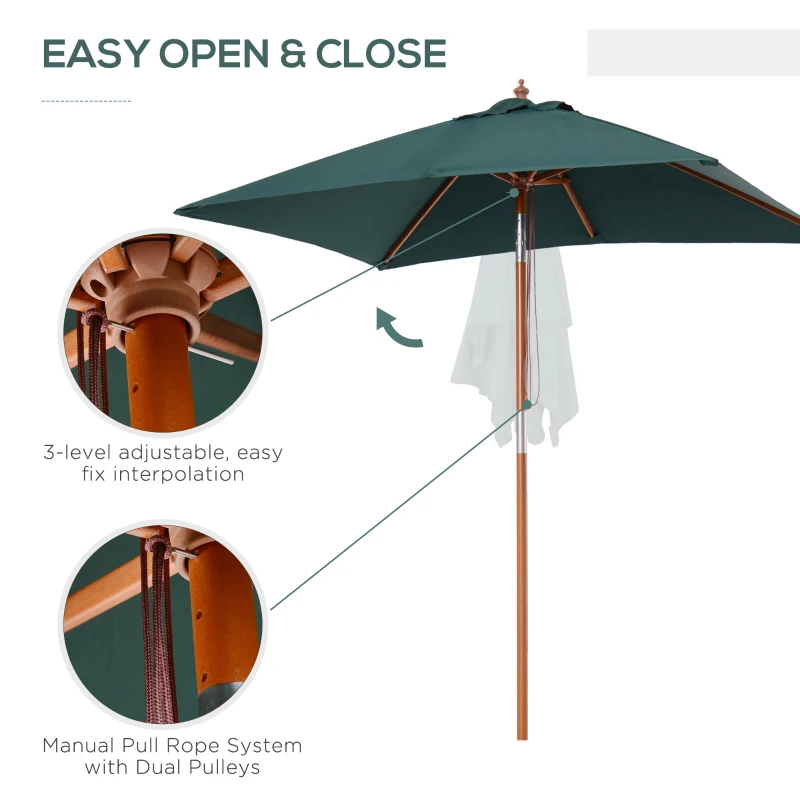 Outsunny 6.6x5ft Square Market Parasol, Wooden Patio Umbrella with Tilt Mechanism and 6 Bamboo Ribs, Garden Sunshade, Green