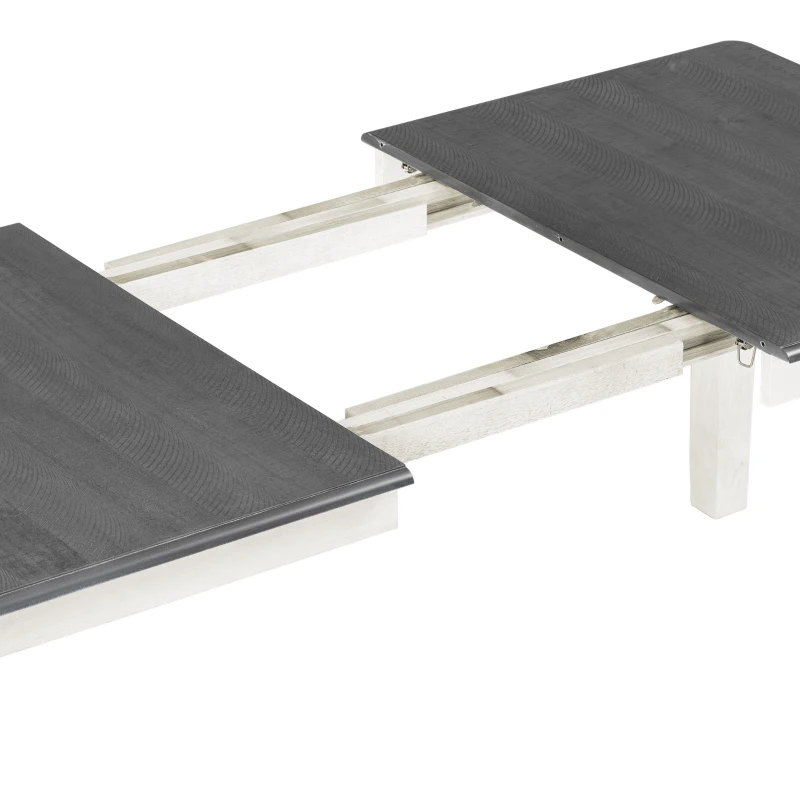 Retro Style 7-Piece Dining Table Set with Extendable Table, 6 Upholstered Chairs, Solid Wood Legs, and Distressed Finish, 54"-70"L x 36"W x 30"H, White+gray