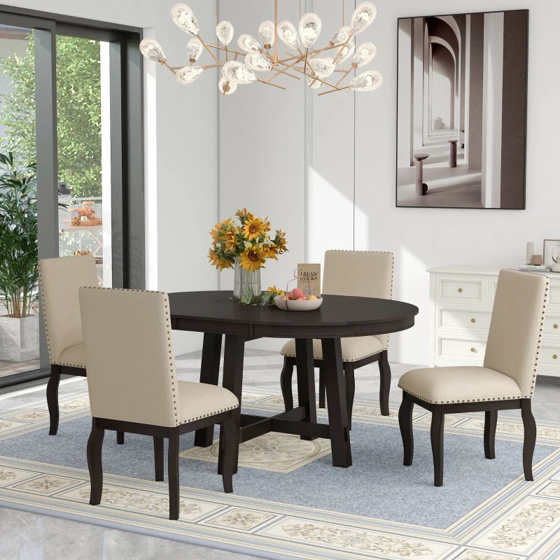5-Piece Farmhouse Dining Table Set, Wood Round Extendable Table with 4 Upholstered Chairs, Adjustable Length, Solid Structure, 42-58"L x 42"W x 30"H, Espresso