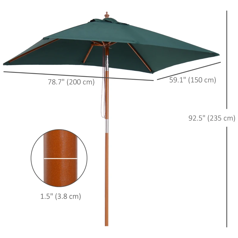 Outsunny 6.6x5ft Square Market Parasol, Wooden Patio Umbrella with Tilt Mechanism and 6 Bamboo Ribs, Garden Sunshade, Green