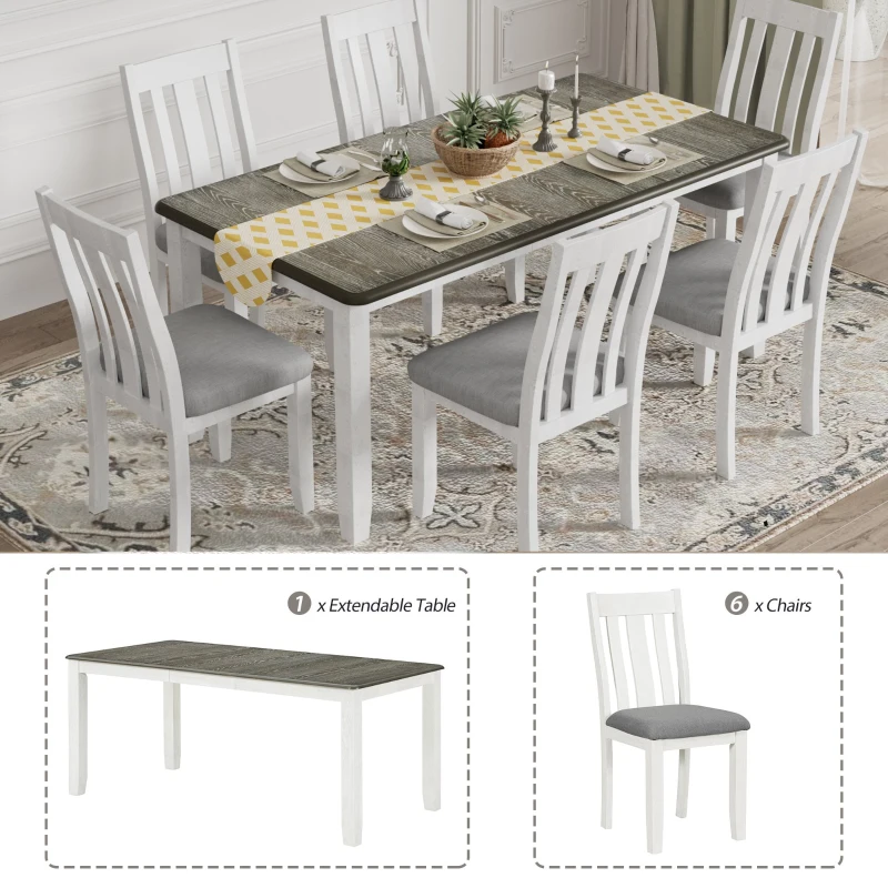 Retro Style 7-Piece Dining Table Set with Extendable Table, 6 Upholstered Chairs, Solid Wood Legs, and Distressed Finish, 54"-70"L x 36"W x 30"H, Antique brown