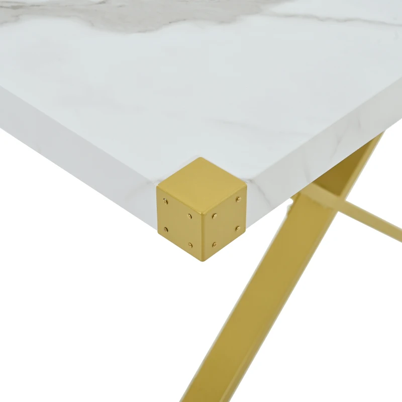 Vinsetto 7-Piece Pedestal Modern Dining Table Set, Rectangular Marble Texture Kitchen Table with 6 PU Leather Chairs and X-Shaped Gold Steel Pipe Legs, 60"L x 36"W x 30"H, White