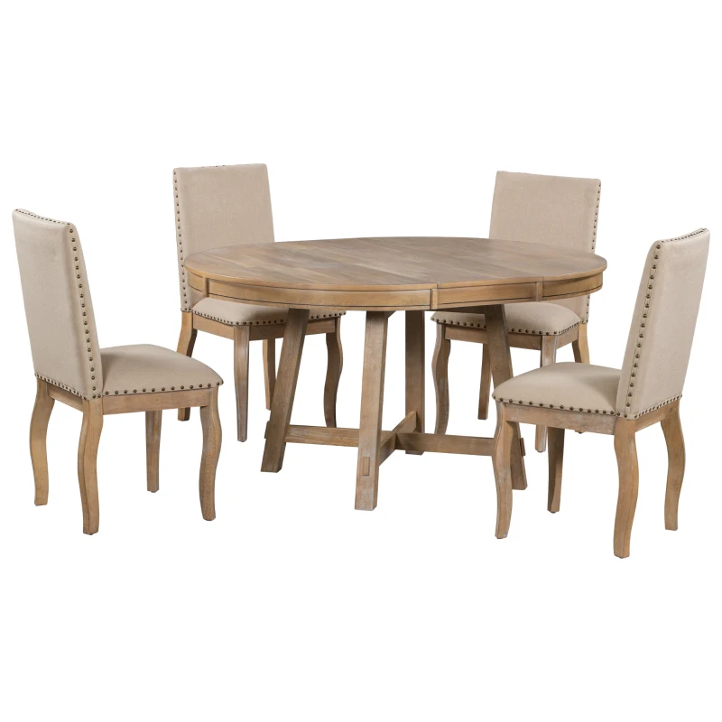 5-Piece Farmhouse Dining Table Set, Wood Round Extendable Table with 4 Upholstered Chairs, Adjustable Length, Solid Structure, 42~58"L x 42"W x 30"H, Natural Wood Wash