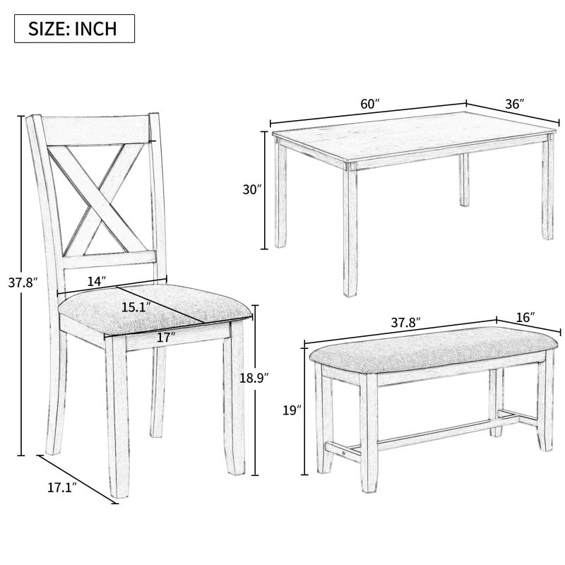 6-Piece Kitchen Dining Table Set, Wooden Rectangular Table with 4 Fabric Chairs and Bench, Durable Solid Wood Frame, 60''L x 36''W x 30''H, Espresso